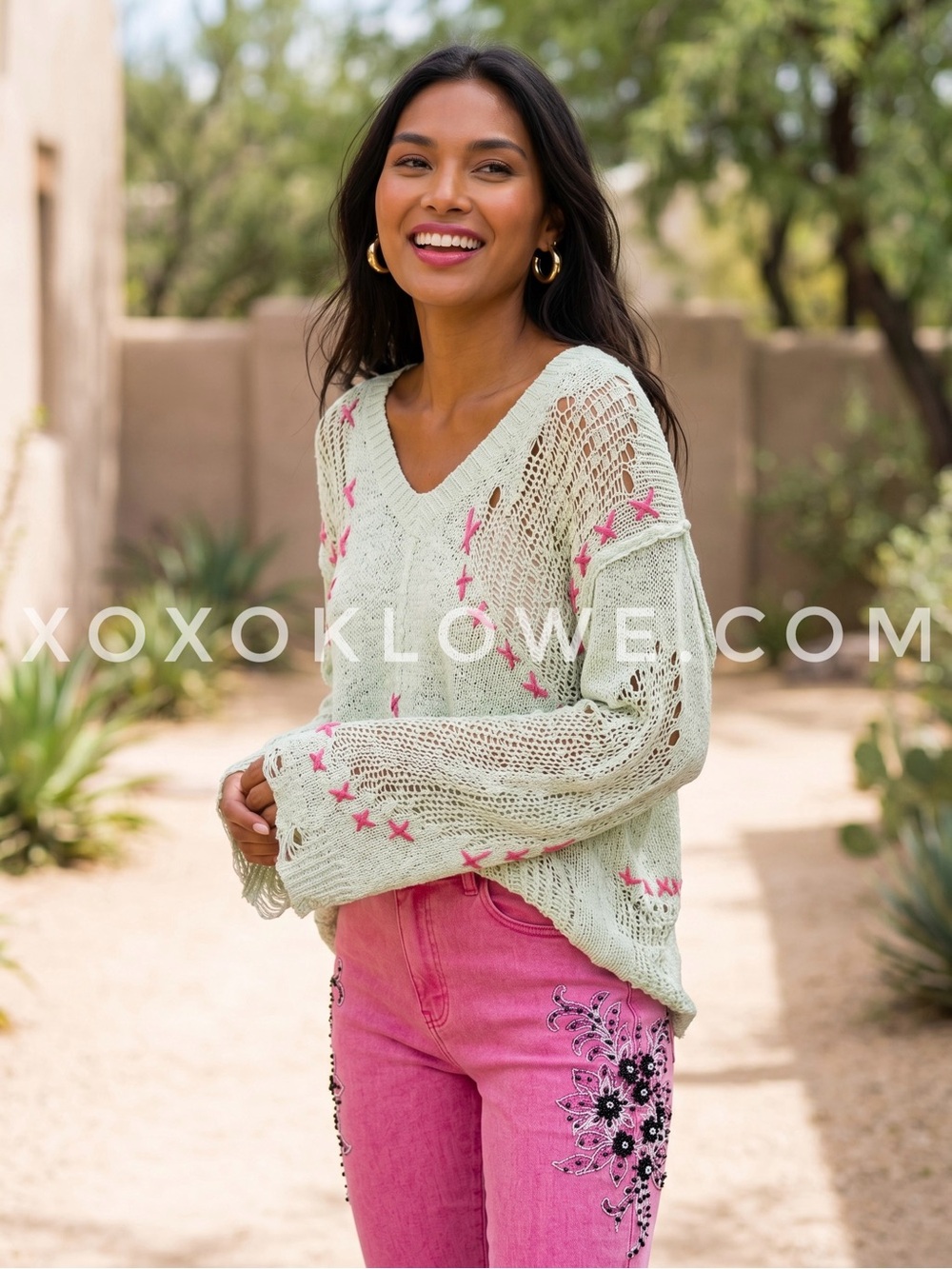 POL Mint Green Open Knit Sweater | Pink Whipstitch Slouchy V Neck Distressed - Picture 5 of 11
